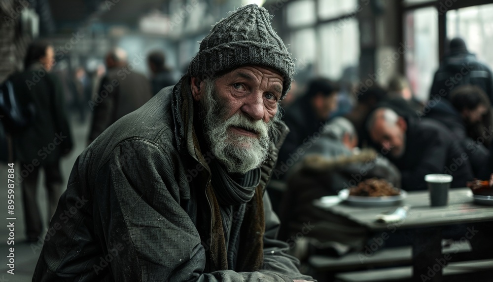 Positive Homeless White Man Standing at Table in Street Dining Hall, Surrounded by Others Positive Homeless White Man Standing at Table in Street Dining Hall, Surrounded by Others