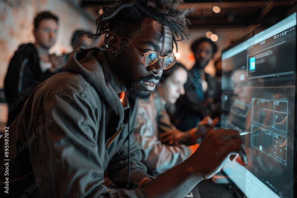 A man engrossed in his work uses a touch screen in a tech-centric environment, surrounded by colleagues, capturing focus and high-tech collaboration. A man engrossed in his work uses a touch screen in a tech-centric environment, surrounded by colleagues, capturing focus and high-tech collaboration.