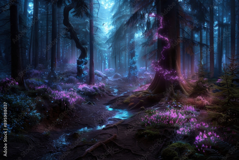Fototapeta premium A mystical forest scene with enchanting light illuminating paths, pink accents throughout the foliage, and an ethereal atmosphere filled with magical energy.