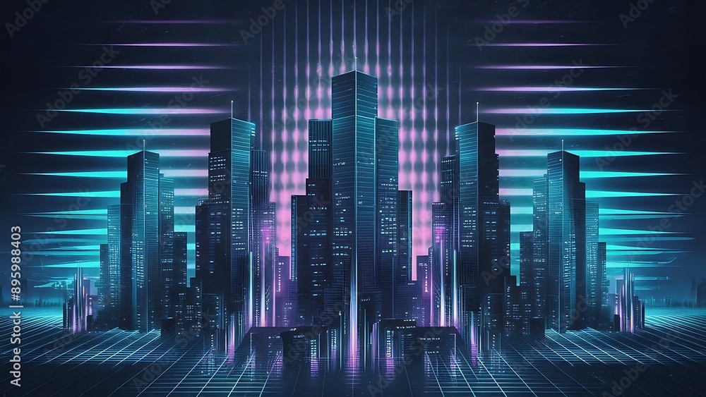 Obraz premium cool retrowave or synthwave style poster wallpaper background, night grid poster
