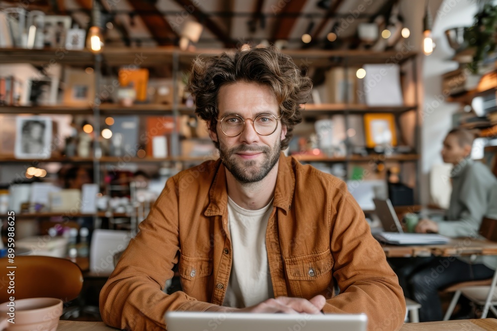 A man in a cafe, smiling and working on his laptop, surrounded by books and modern decor, representing a blend of work and leisure in a cozy setting. A man in a cafe, smiling and working on his laptop, surrounded by books and modern decor, representing a blend of work and leisure in a cozy setting.