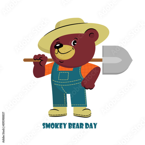 A cute little bear in jeans with a shovel and a hat. The character Smokey Bear Day. The symbol of the day of protection of forests from fires. stock vector illustration. EPS 10.