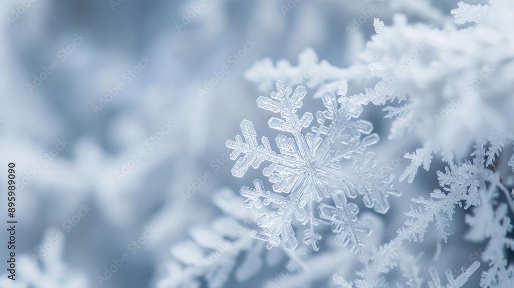 Macro photograph of a beautiful, detailed snowflake hanging from a branch covered in snow Macro photograph of a beautiful, detailed snowflake hanging from a branch covered in snow