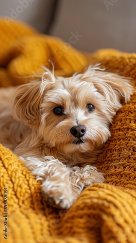 A small dog is laying on a yellow blanket © ART IS AN EXPLOSION.
