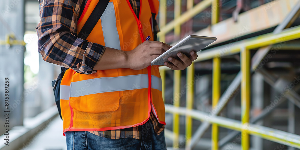 A building inspector using a digital tablet checks the security system in a building. Asian male worker wearing reflective vest working in building maintenance inspection A building inspector using a digital tablet checks the security system in a building. Asian male worker wearing reflective vest working in building maintenance inspection