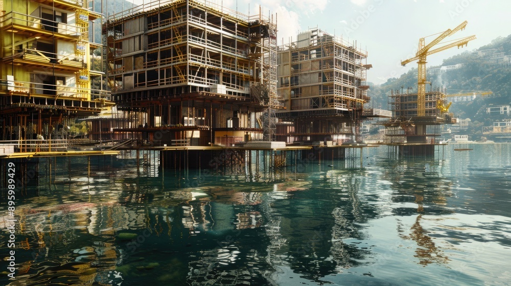 A floating city under construction in a coastal area, with buildings supported on sturdy platforms above the water. A floating city under construction in a coastal area, with buildings supported on sturdy platforms above the water.