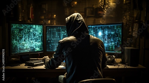 Hacker in a dark room working on a computer with code on screen