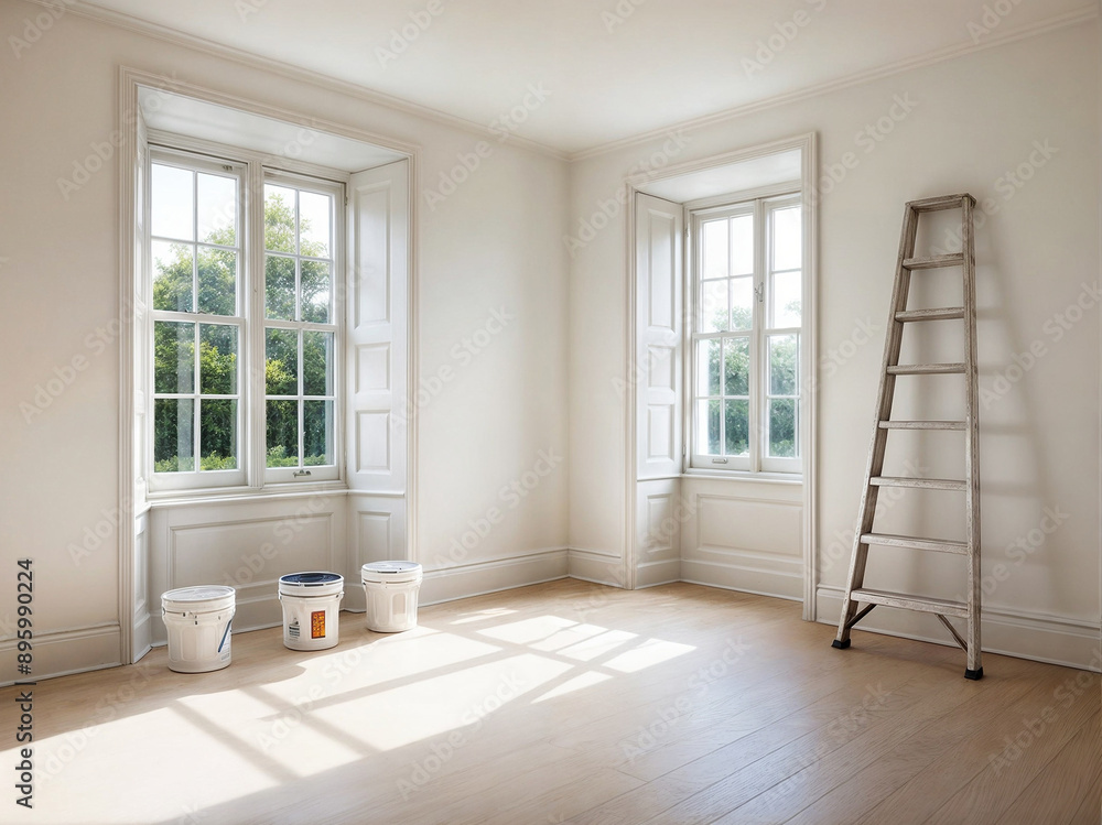 An empty room with white walls and a hardwood floor with windows with white frames and a white ladder leaning against one of the walls. An empty room with white walls and a hardwood floor with windows with white frames and a white ladder leaning against one of the walls.