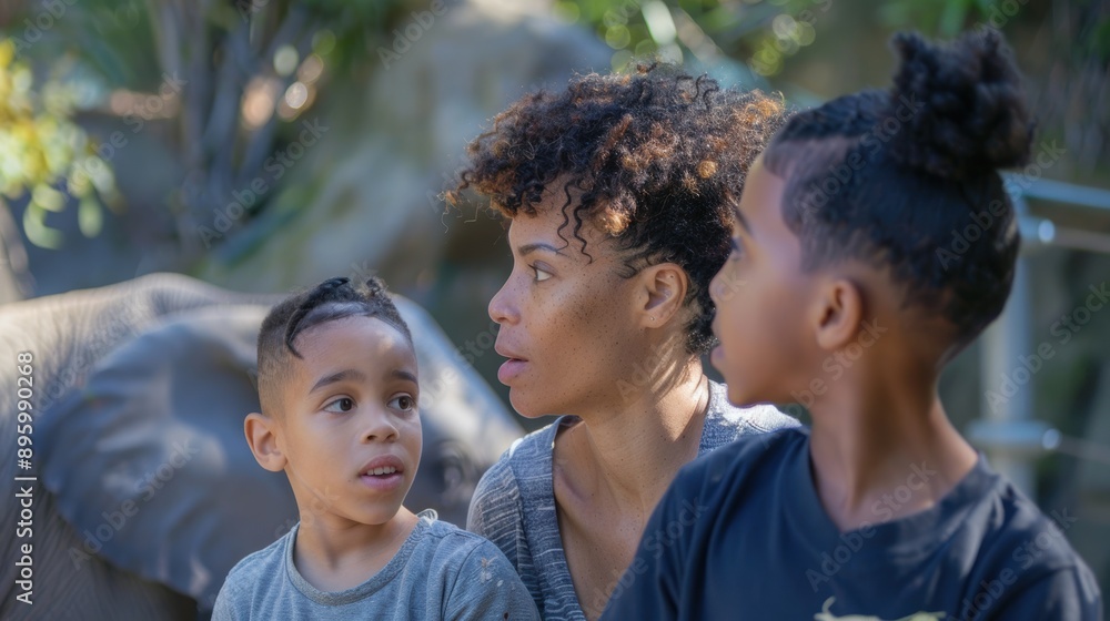A woman and two children are looking at an elephant A woman and two children are looking at an elephant