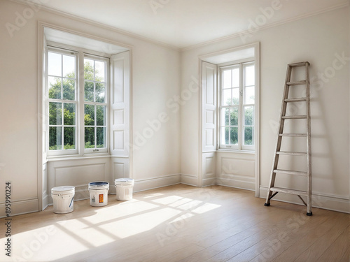 An empty room with white walls and a hardwood floor with windows with white frames and a white ladder leaning against one of the walls. photo