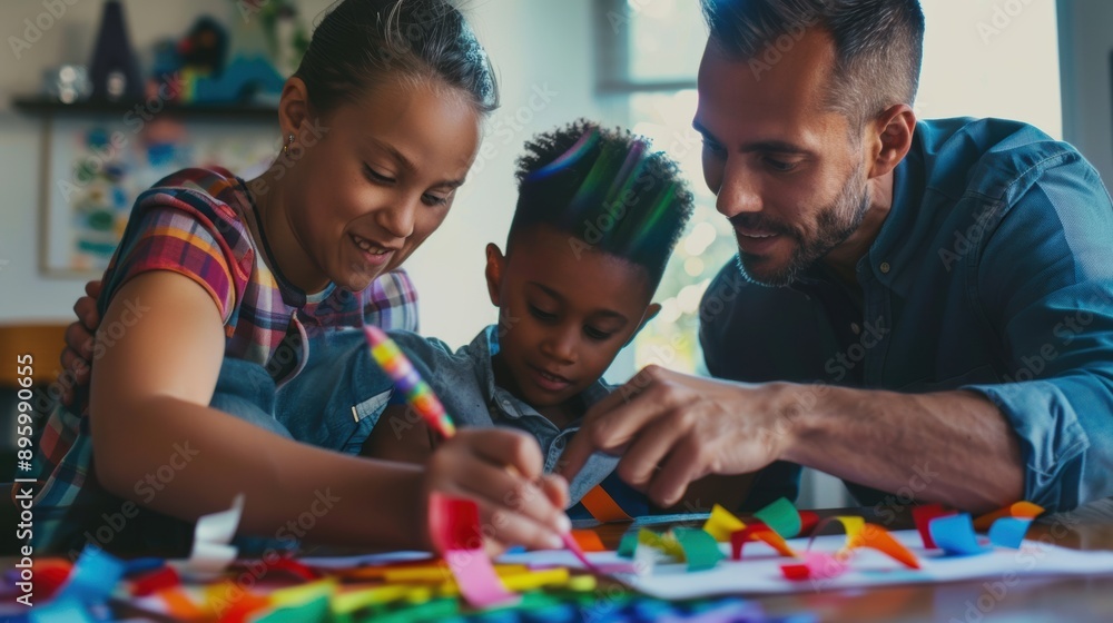 A man and two children are sitting at a table, drawing with crayons A man and two children are sitting at a table, drawing with crayons
