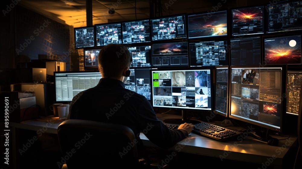 Security analyst reviewing firewall logs on multiple monitors Security analyst reviewing firewall logs on multiple monitors