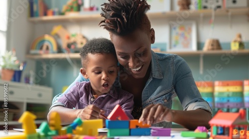 A woman and a child are playing with blocks