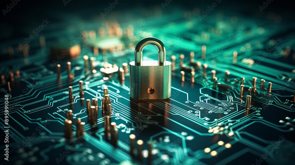 Data encryption concept with padlock and circuit board image Data encryption concept with padlock and circuit board image