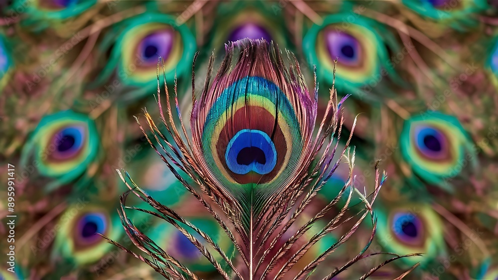 Obraz premium Colorful peacock feathers texture background, closeup, wallpaper