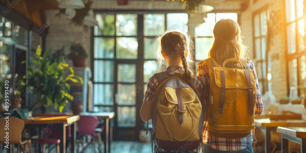 Back to school concept background with young girls with backpacks in ...