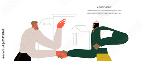 Stakeholders deal, agreement, offer, company selling and expansion finance concept. Business people making handshake. Vector illustration