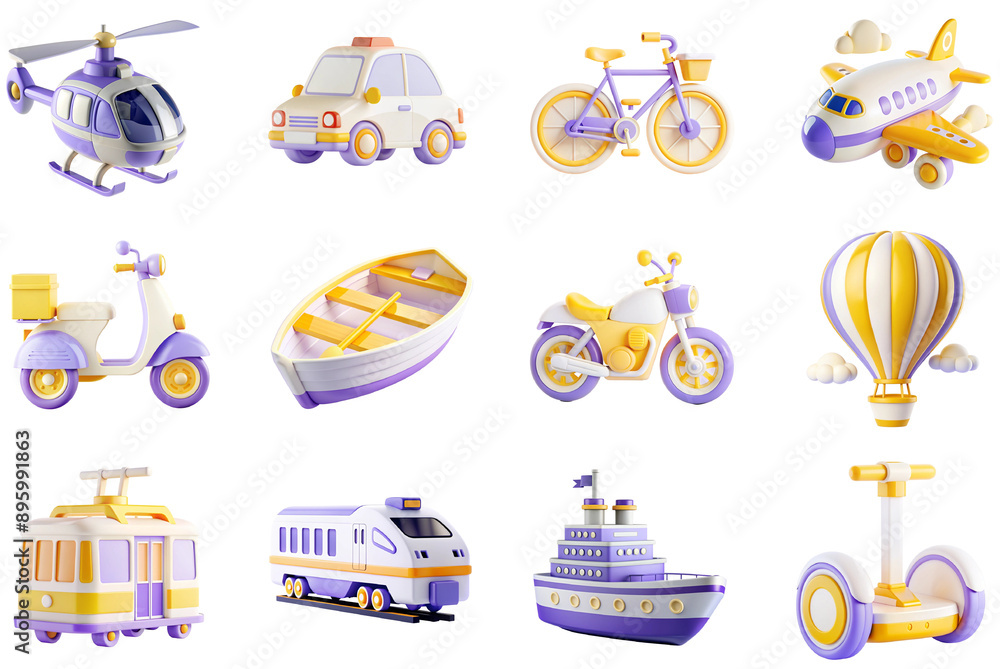 Transport and Vehicles concept of 3D icons set in modern web design. Pack isolated objects of helicopter, taxi car, bicycle, plane, scooter, boat, motorcycle, hot air balloon and other illustrations. Transport and Vehicles concept of 3D icons set in modern web design. Pack isolated objects of helicopter, taxi car, bicycle, plane, scooter, boat, motorcycle, hot air balloon and other illustrations.