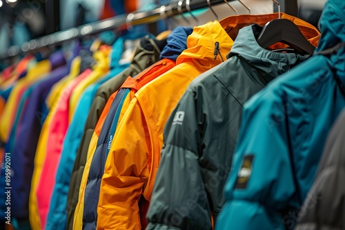 Vibrant Collection of Outdoor Jackets Displayed in a Retail Setting