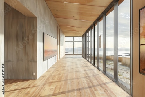 Interior of modern house with wooden walls, wooden floor and long corridor.