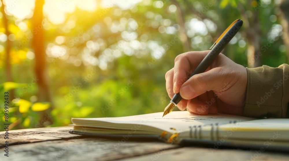 Man is writing in a notebook with a fountain pen while sitting at a wooden table outdoors in the bright sunshine.