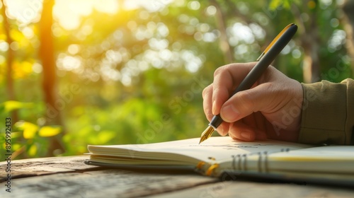Obraz na płótnie Man is writing in a notebook with a fountain pen while sitting at a wooden table outdoors in the bright sunshine. w salonie