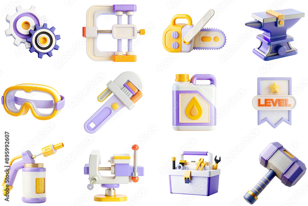 Tools and Equipment concept of 3D icons set in modern web design. Pack isolated objects of gears, anvil, protecting glasses, gasoline can, level, spray paint, toolbox, hammer and other illustrations. Tools and Equipment concept of 3D icons set in modern web design. Pack isolated objects of gears, anvil, protecting glasses, gasoline can, level, spray paint, toolbox, hammer and other illustrations.