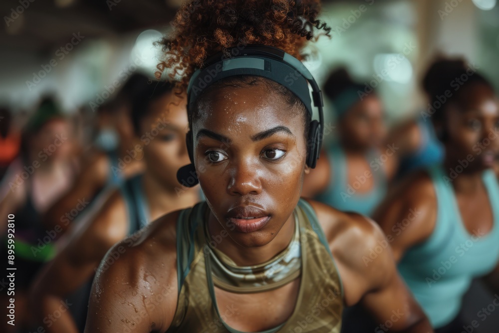 A dedicated woman wearing a headset, intensely focused during a high-energy workout session, sweat indicating her commitment and determination in achieving her fitness goals. A dedicated woman wearing a headset, intensely focused during a high-energy workout session, sweat indicating her commitment and determination in achieving her fitness goals.