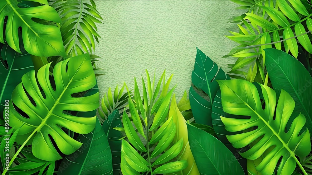 Obraz premium Bright tropical leaves on a textured background, pattern in green tones