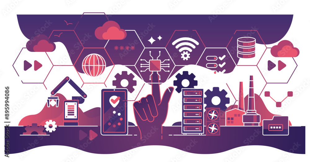 Fototapeta premium Digital transformation and technological integration dark outline concept, transparent background. Implementation of innovative tech and change to electronic development illustration.