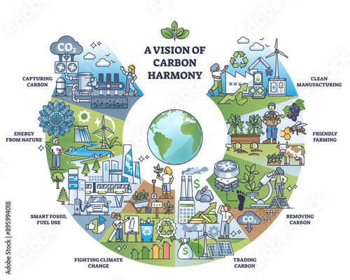 Vision of carbon harmony or CO2 pollution balance outline collection diagram, transparent background. Labeled educational scheme with nature friendly dioxide capture, removing or recycle.
