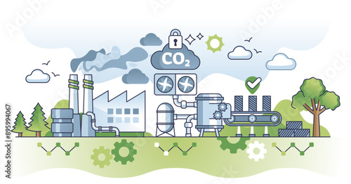 Carbon capture and CO2 storage as CCS dioxide revolution outline concept, transparent background.Exhaust pollution decrease with gas absorption and catching illustration.