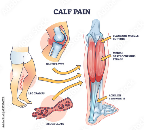 Calf pain explanation with cramp from muscle contraction outline diagram, transparent background. Labeled educational scheme with leg anatomy and medical cause of sore rupture, strain.
