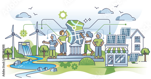 Community based renewable energy or CBRE for green power outline concept, transparent background. Solar panels or wind turbines installation at home as society impact on green electricity.