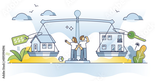 Buying vs renting house as real estate property choice outline concept, transparent background. Ownership mortgage or rent as decision for investment illustration. Family home purchase.