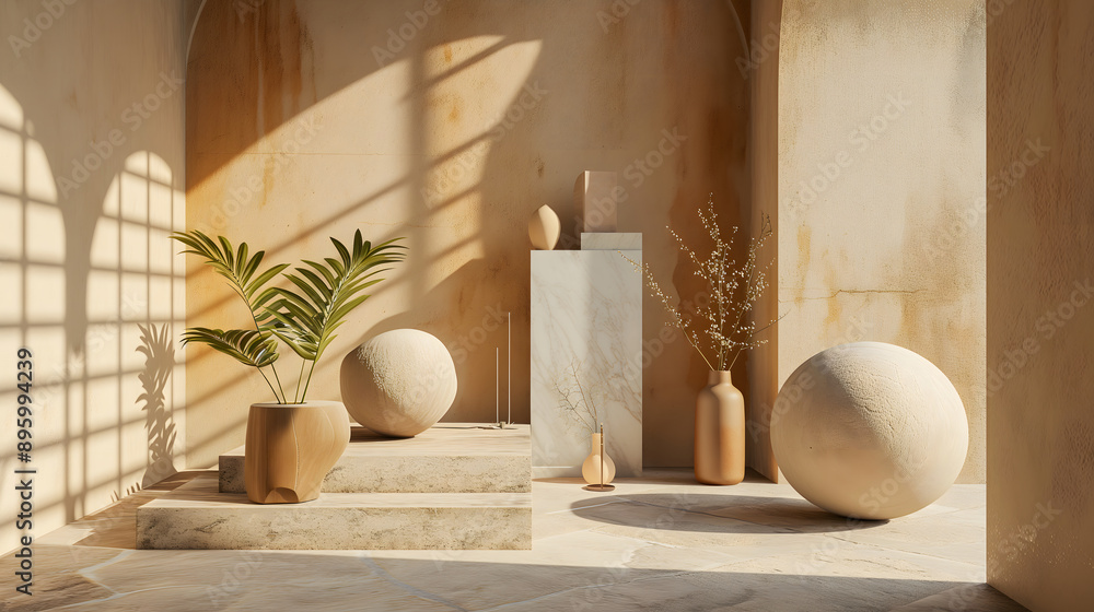 3d scene abstract ball and podium marble with white background and sunlight, abstract vase and geometry 3d scene abstract ball and podium marble with white background and sunlight, abstract vase and geometry