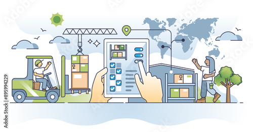 Inventory management and digital warehouse control work outline concept, transparent background. Logistic and distribution with fast order collecting and handling from stock illustration.