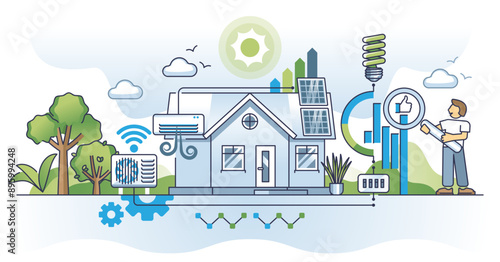 Home efficiency solutions with effective resource consumption outline concept, transparent background. Save electricity with modern low energy appliances and effective house insulation illustration.