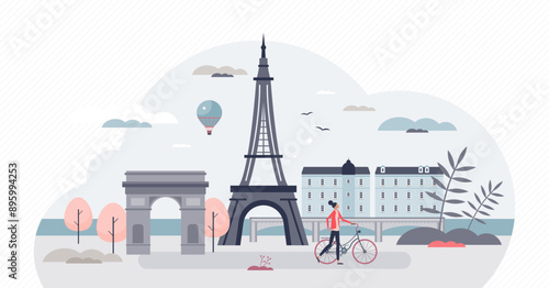 Paris as France capital with famous Eiffel tower and Triumphal arc tiny person concept, transparent background. Urban European destination for tourists and vacation trip illustration.