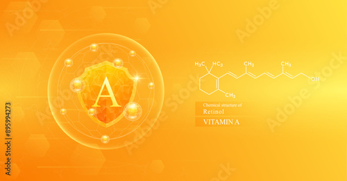 Shield vitamin A in dome with orange atom around and chemical structure of Retinol. Protect and build immunity healthy. Medical scientific concepts. Banner vector illustration.