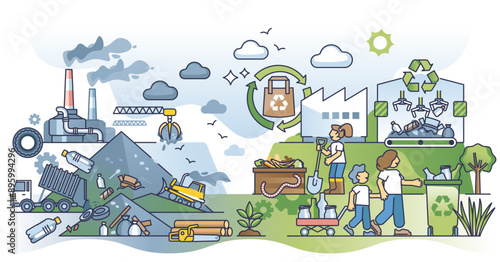 Recycling vs waste management system for garbage sorting outline concept, transparent background. Paper, plastic and mixed trash pile as polluted urban dump illustration.