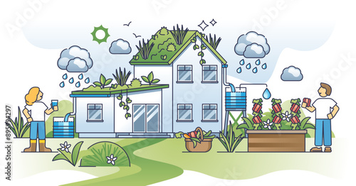 Rainwater harvesting and rain water collection for garden outline concept, transparent background. Pure and filtered drain water system for drinking or soil watering in summer illustration.