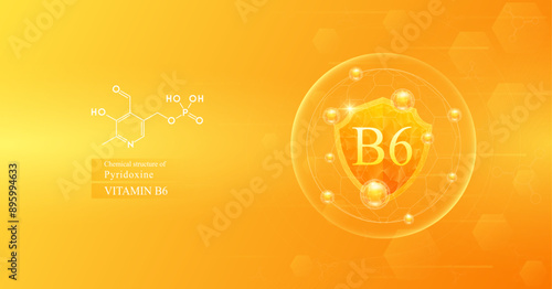 Shield vitamin B6 in dome with orange atom around and chemical structure of Pyridoxine. Protect and build immunity healthy. Medical scientific concepts. Banner vector illustration.