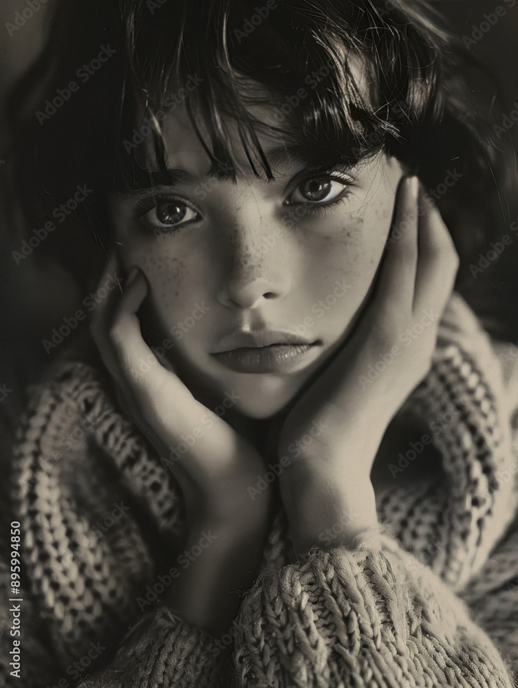 Portrait of a Young Woman in a Knitted Sweater, Monochrome Tone Portrait of a Young Woman in a Knitted Sweater, Monochrome Tone