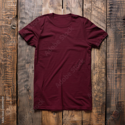 T- shirt mockup on wooden background, Mock up for design and print, Front Burgundy T-shirt Mockup	