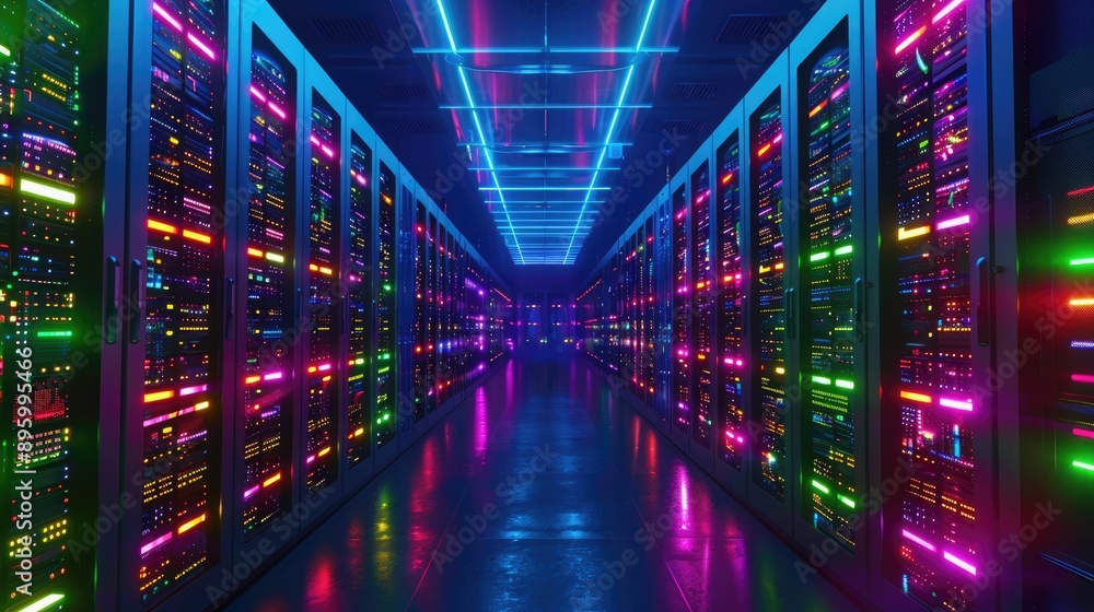 A futuristic data center filled with rows of server racks, illuminated by colorful LED lights, managing vast amounts of digital information. A futuristic data center filled with rows of server racks, illuminated by colorful LED lights, managing vast amounts of digital information.