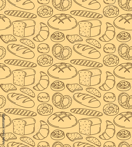 Seamless pattern with different bread types. Vector contour background with bakery rye products, sliced bread, french baguette, croissants and bagels