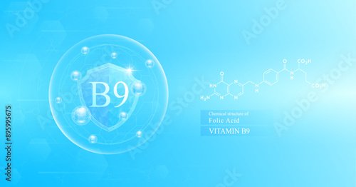Shield vitamin U in dome with blue atom around and chemical structure of Folic Acid. Protect and build immunity healthy. Medical scientific concepts. Banner vector illustration.