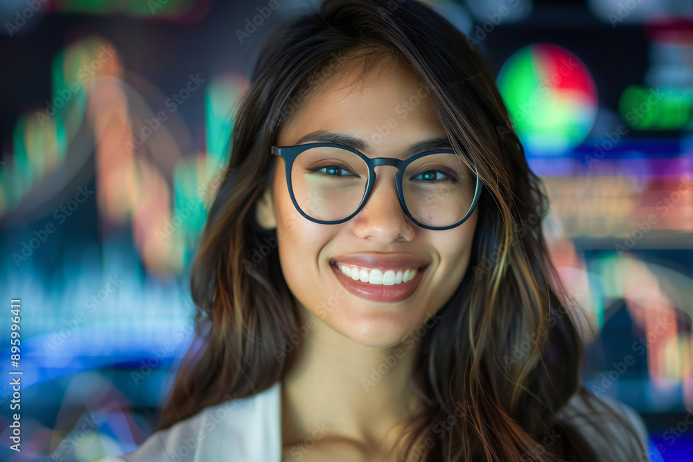 Portrait of a happy smiling confident businesswoman wearing glasses against a background of stock market charts Portrait of a happy smiling confident businesswoman wearing glasses against a background of stock market charts