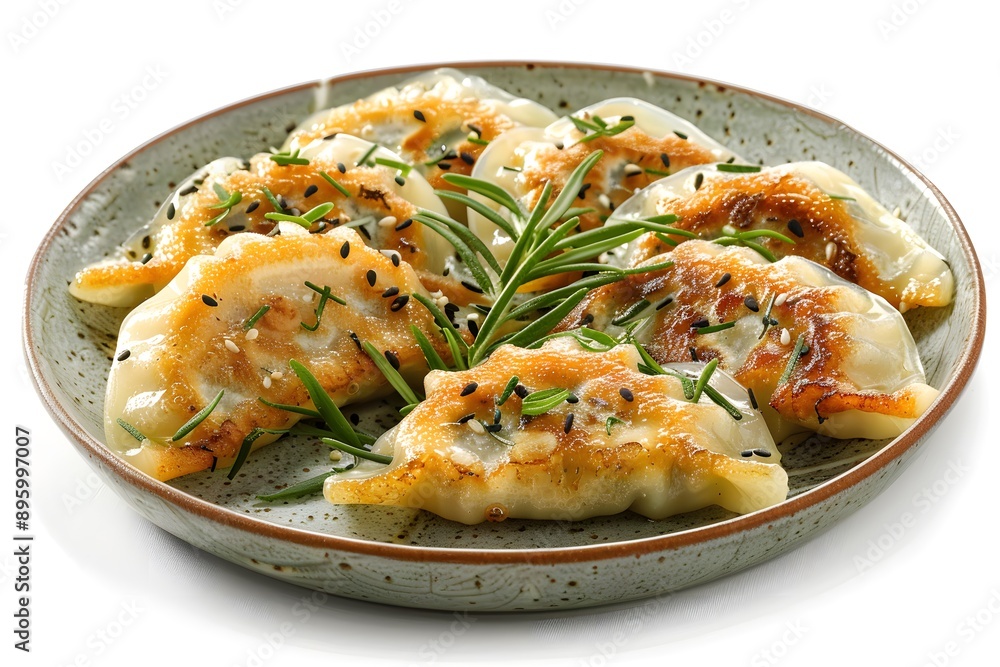 Deliciously Pan-Fried Dumplings Garnished with Fresh Herbs Deliciously Pan-Fried Dumplings Garnished with Fresh Herbs